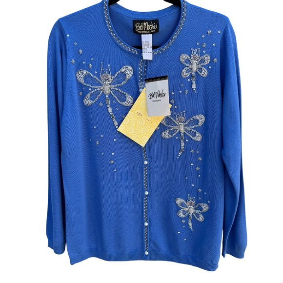 Bob Mackie Wearable Art Blue Beaded Dragonfly Design Knit Cardigan Sweater New S - Picture 1 of 8